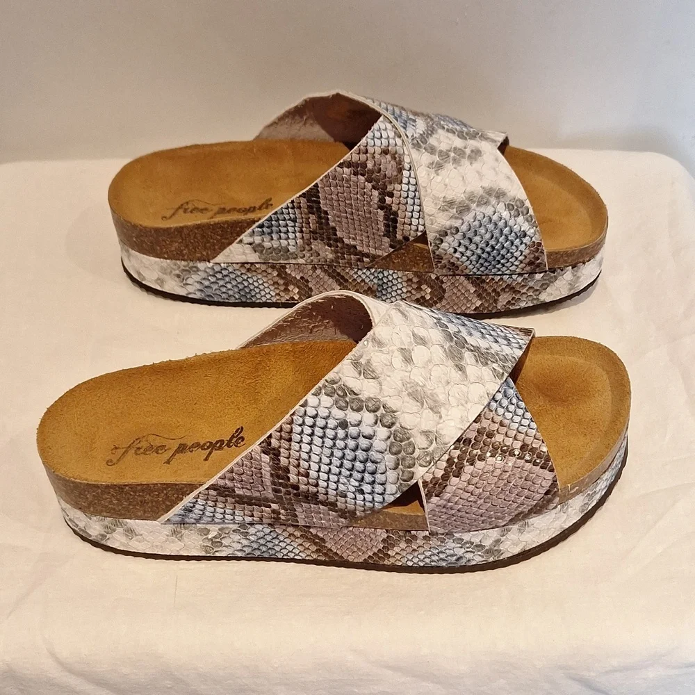 Free People Sideline Snake-Print Crossband Slide Sandals in Neutral Tones